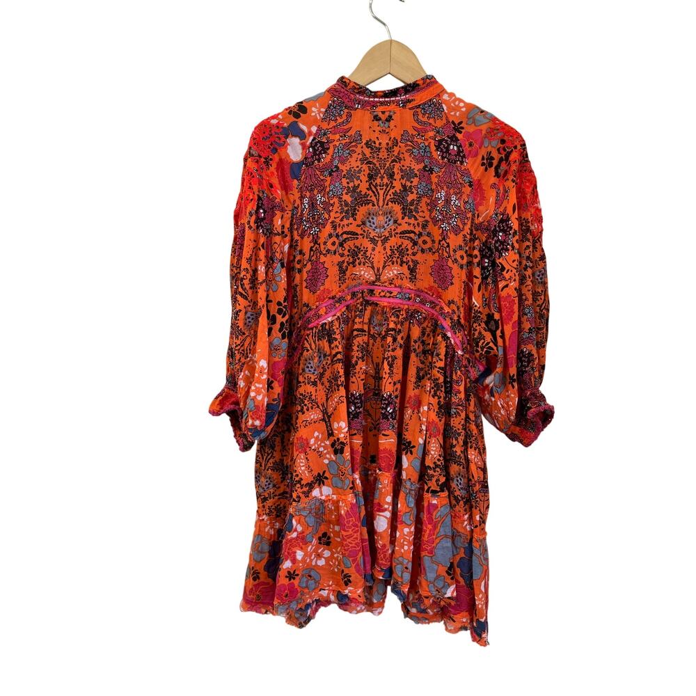 Free People Floral Mini Dress Open Back Blouson Sleeve Boho Size M